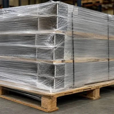 Logistics pallet secured with JYE stretch film for warehouse transportation