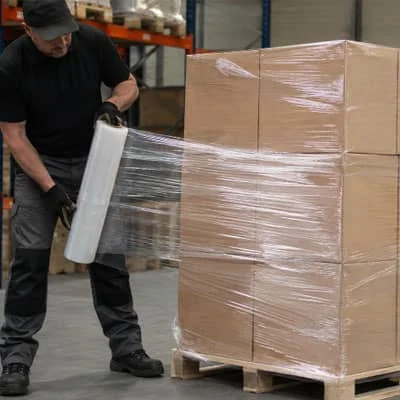 Worker applying hand stretch film to a heavy pallet