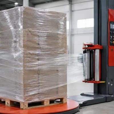 Machine stretch film wrapping a heavy pallet load